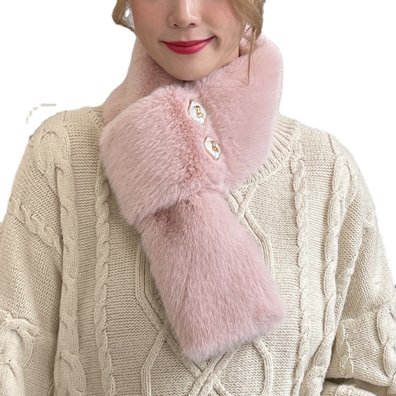 Wholesale New Winter Warm Yang Plush Cross Scarf Korean Versatile Thickened Solid Color Fur Collar Button Scarf