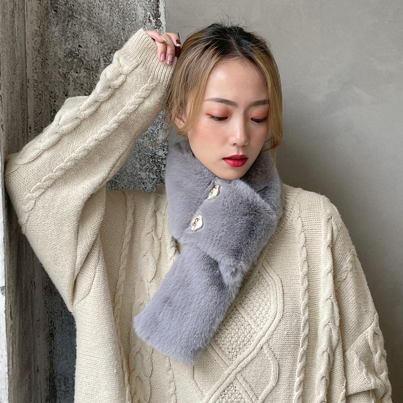 Wholesale New Winter Warm Yang Plush Cross Scarf Korean Versatile Thickened Solid Color Fur Collar Button Scarf