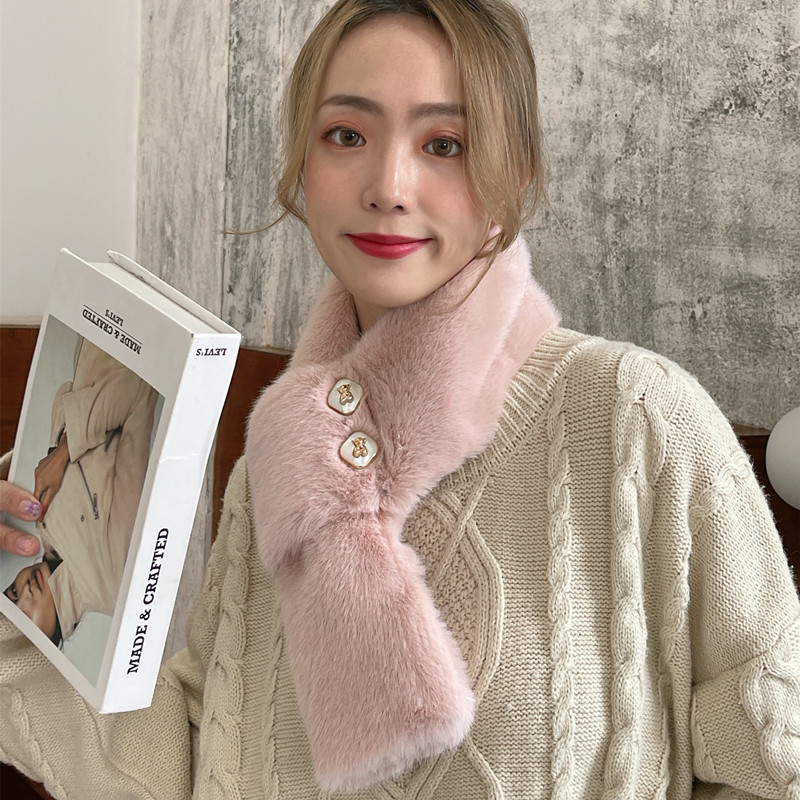 Wholesale New Winter Warm Yang Plush Cross Scarf Korean Versatile Thickened Solid Color Fur Collar Button Scarf