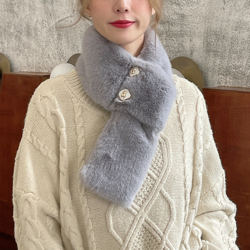 Wholesale New Winter Warm Yang Plush Cross Scarf Korean Versatile Thickened Solid Color Fur Collar Button Scarf