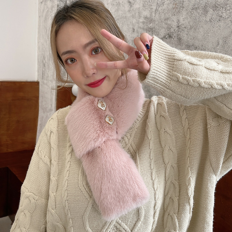 Wholesale New Winter Warm Yang Plush Cross Scarf Korean Versatile Thickened Solid Color Fur Collar Button Scarf