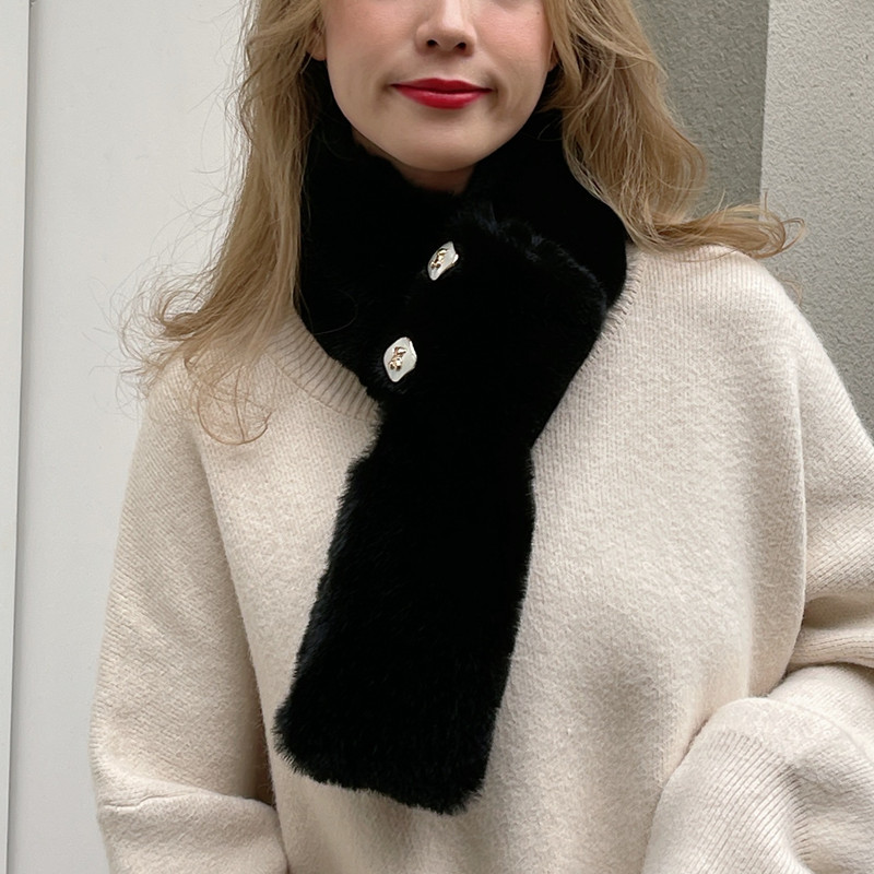 Wholesale New Winter Warm Yang Plush Cross Scarf Korean Versatile Thickened Solid Color Fur Collar Button Scarf