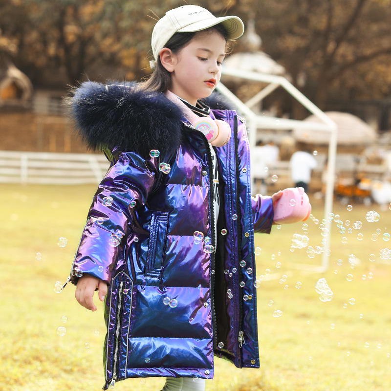 2020 New Winter Girls Children&#039;s down Jacket Middle and Big Children Korean Style Bright Surface Thick Mid-Length Big Fur Collar Coat