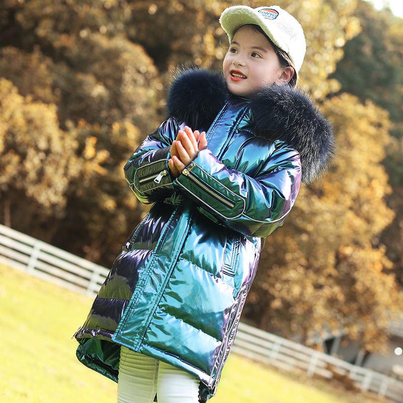2020 New Winter Girls Children&#039;s down Jacket Middle and Big Children Korean Style Bright Surface Thick Mid-Length Big Fur Collar Coat