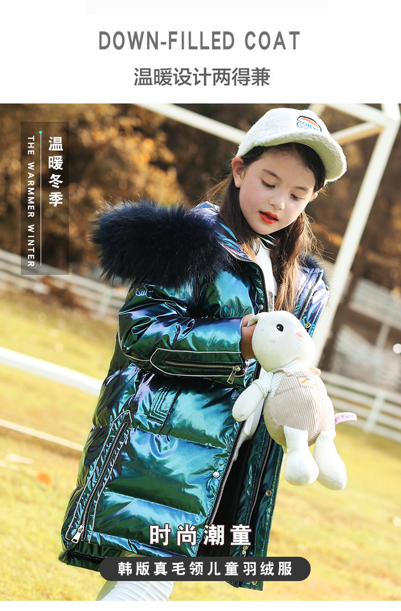 2020 New Winter Girls Children's down Jacket Middle and Big Children Korean Style Bright Surface Thick Mid-Length Big Fur Collar Coat