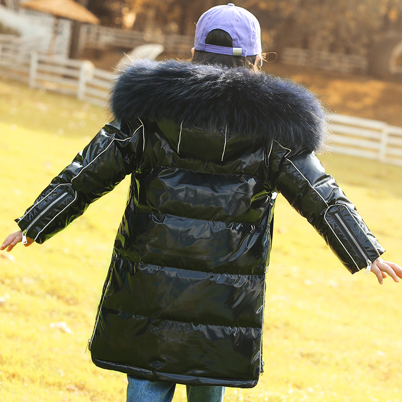 2020 New Winter Girls Children&#039;s down Jacket Middle and Big Children Korean Style Bright Surface Thick Mid-Length Big Fur Collar Coat