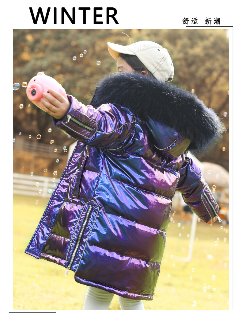 2020 New Winter Girls Children's down Jacket Middle and Big Children Korean Style Bright Surface Thick Mid-Length Big Fur Collar Coat