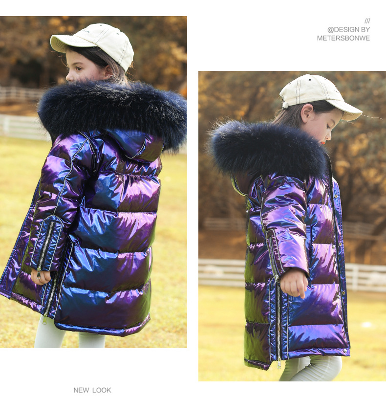 2020 New Winter Girls Children's down Jacket Middle and Big Children Korean Style Bright Surface Thick Mid-Length Big Fur Collar Coat