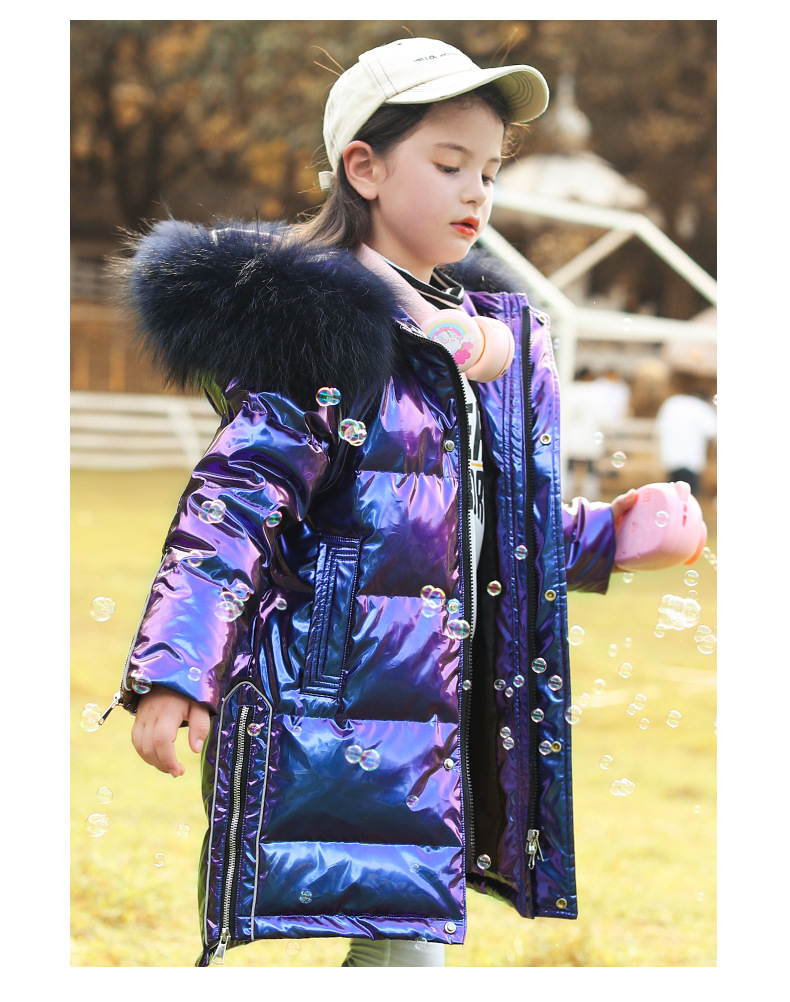 2020 New Winter Girls Children's down Jacket Middle and Big Children Korean Style Bright Surface Thick Mid-Length Big Fur Collar Coat
