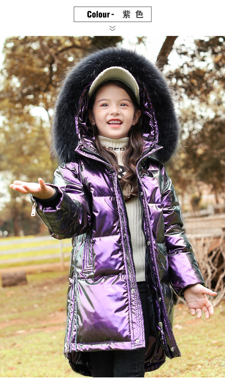 2020 New Winter Girls Children's down Jacket Middle and Big Children Korean Style Bright Surface Thick Mid-Length Big Fur Collar Coat