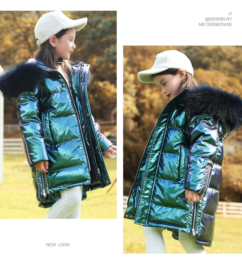 2020 New Winter Girls Children's down Jacket Middle and Big Children Korean Style Bright Surface Thick Mid-Length Big Fur Collar Coat