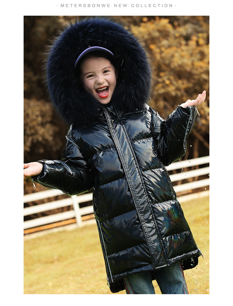 2020 New Winter Girls Children's down Jacket Middle and Big Children Korean Style Bright Surface Thick Mid-Length Big Fur Collar Coat