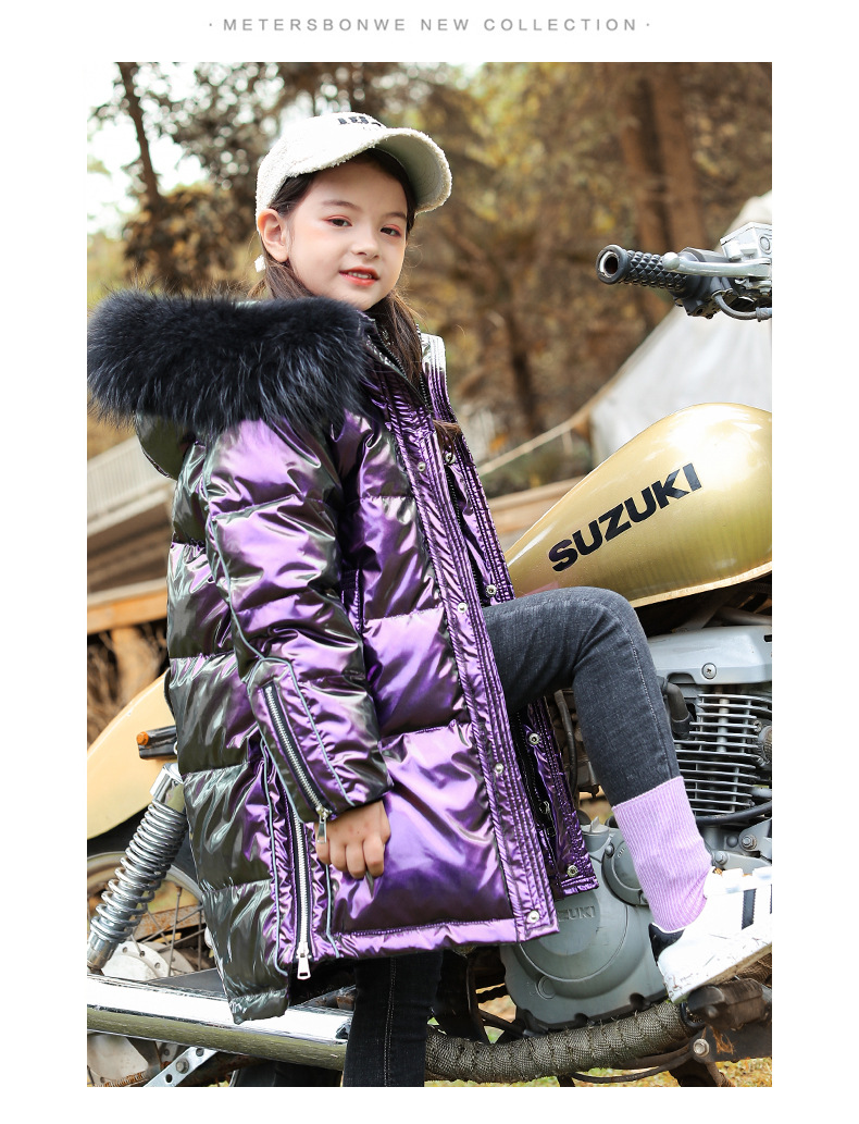 2020 New Winter Girls Children's down Jacket Middle and Big Children Korean Style Bright Surface Thick Mid-Length Big Fur Collar Coat