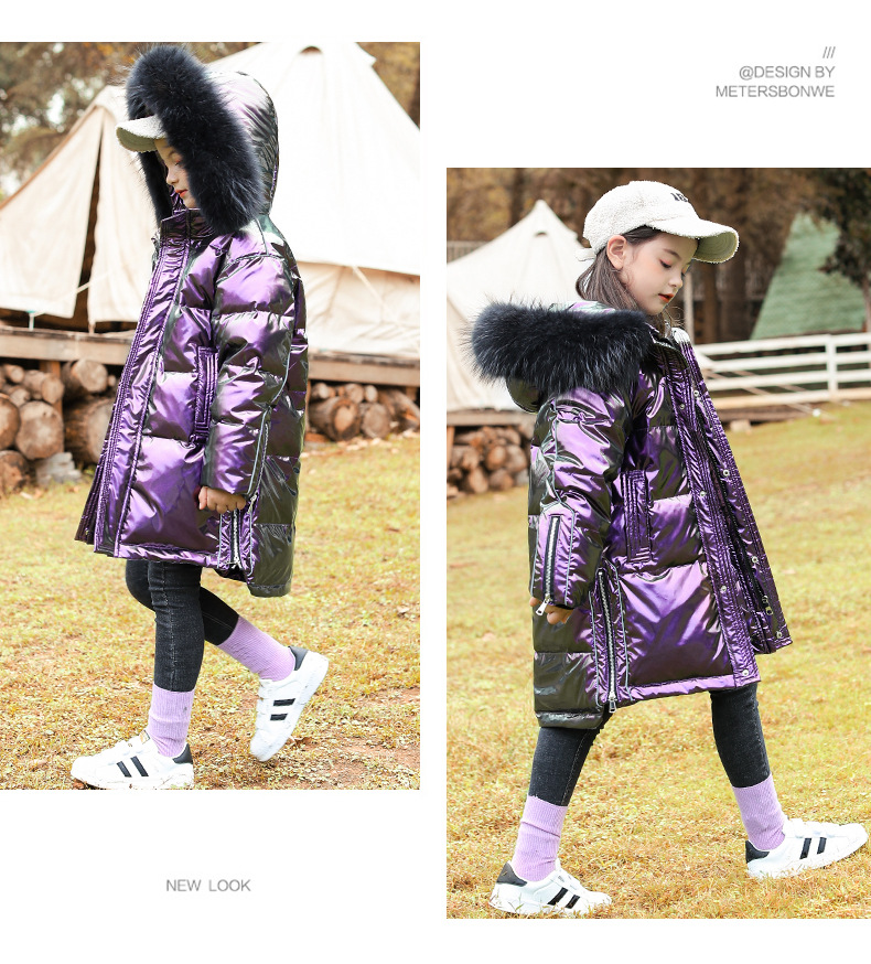 2020 New Winter Girls Children's down Jacket Middle and Big Children Korean Style Bright Surface Thick Mid-Length Big Fur Collar Coat