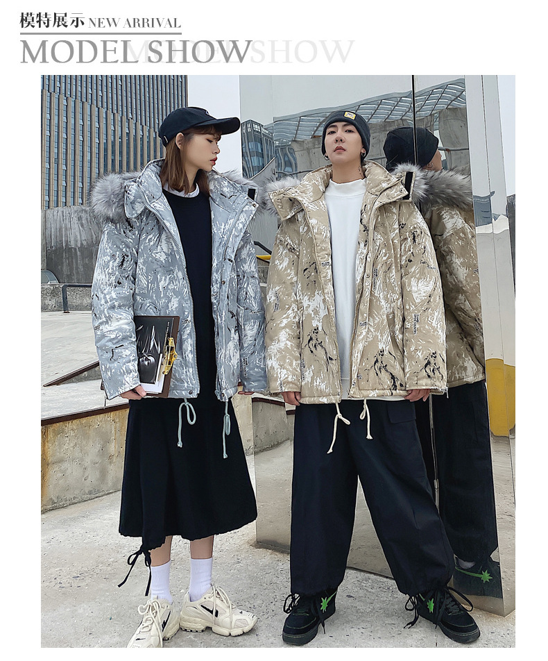 Couple's Winter Clothing 2021 New Fashion Ins Loose Big Fur Collar Camouflage Mid-Length Cotton Clothing Cotton Coat Coat Fashion