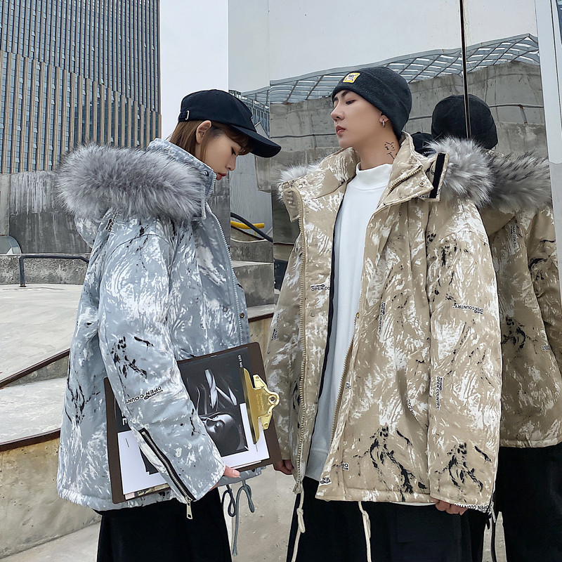 Couple&#039;s Winter Clothing 2021 New Fashion Ins Loose Big Fur Collar Camouflage Mid-Length Cotton Clothing Cotton Coat Coat Fashion
