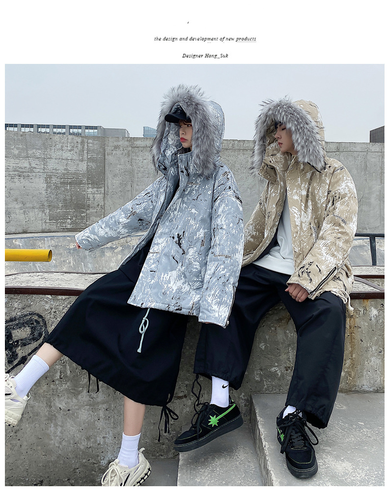 Couple's Winter Clothing 2021 New Fashion Ins Loose Big Fur Collar Camouflage Mid-Length Cotton Clothing Cotton Coat Coat Fashion