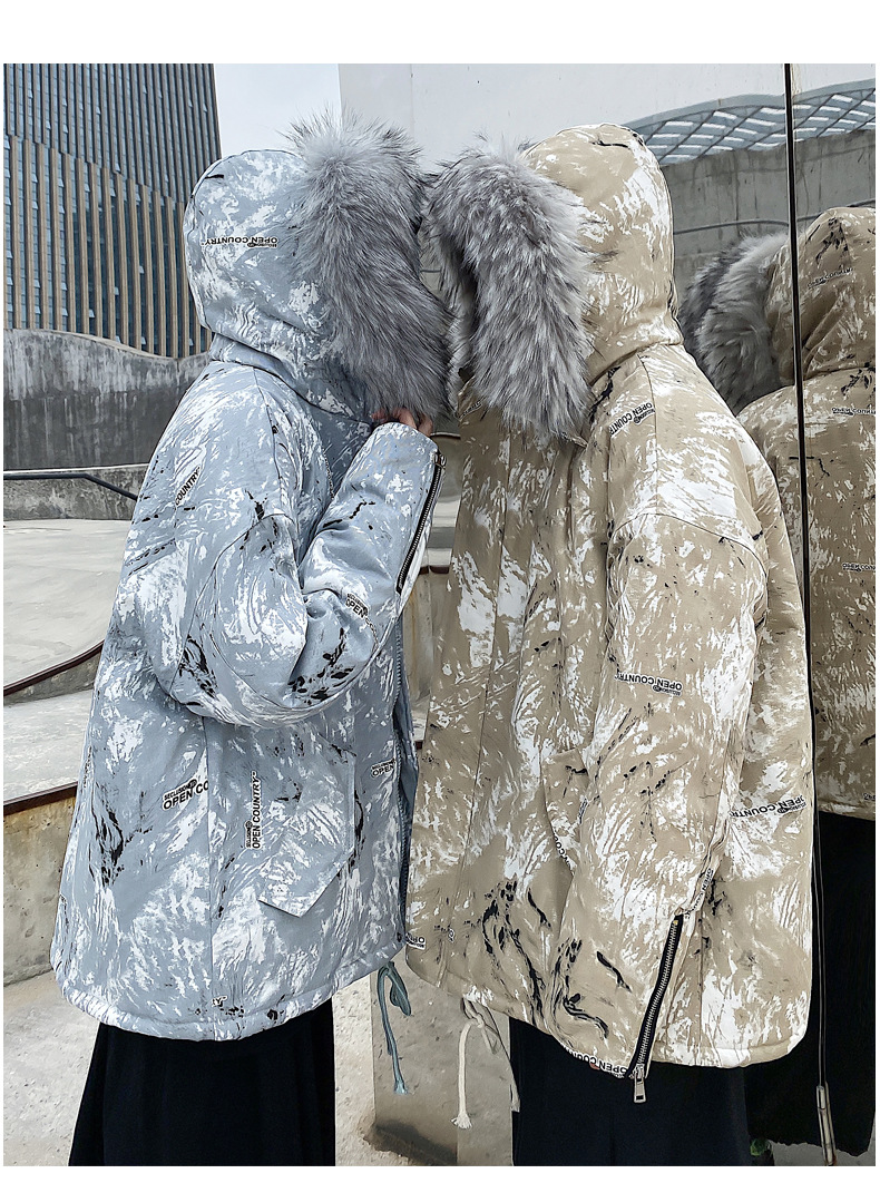Couple's Winter Clothing 2021 New Fashion Ins Loose Big Fur Collar Camouflage Mid-Length Cotton Clothing Cotton Coat Coat Fashion