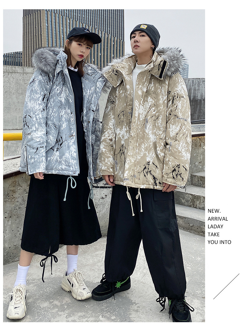 Couple's Winter Clothing 2021 New Fashion Ins Loose Big Fur Collar Camouflage Mid-Length Cotton Clothing Cotton Coat Coat Fashion