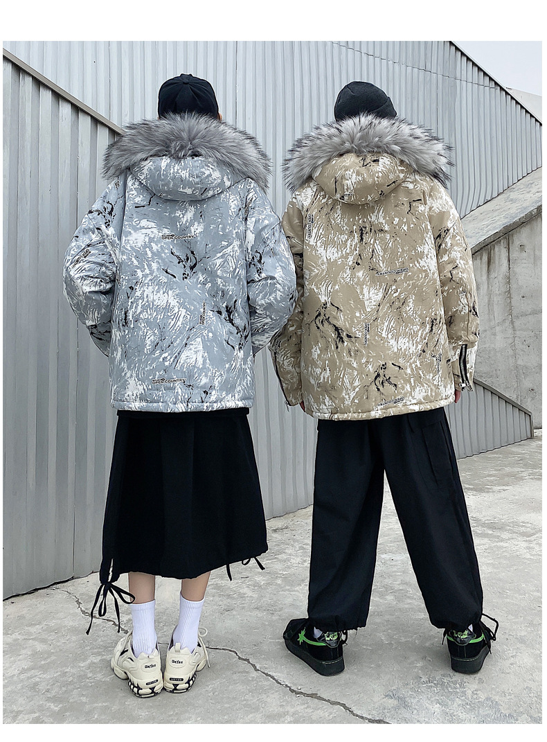Couple's Winter Clothing 2021 New Fashion Ins Loose Big Fur Collar Camouflage Mid-Length Cotton Clothing Cotton Coat Coat Fashion