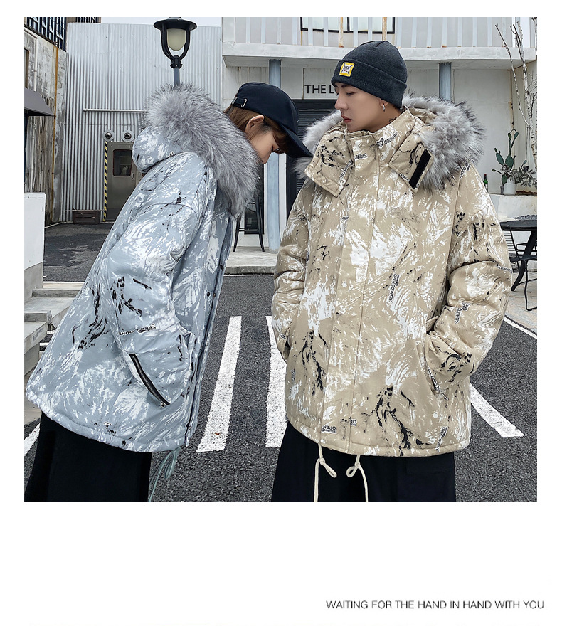Couple's Winter Clothing 2021 New Fashion Ins Loose Big Fur Collar Camouflage Mid-Length Cotton Clothing Cotton Coat Coat Fashion