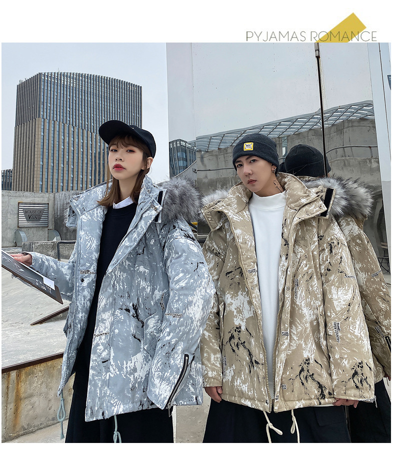 Couple's Winter Clothing 2021 New Fashion Ins Loose Big Fur Collar Camouflage Mid-Length Cotton Clothing Cotton Coat Coat Fashion