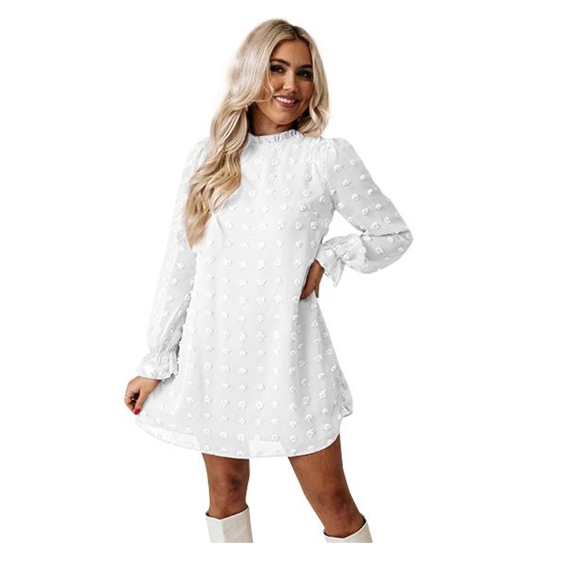 2021 Europe and America Cross Border Amazon Autumn and Winter Lace Collar Puff Sleeve Chiffon Embroidered Fur Ball Dress Dress for Women