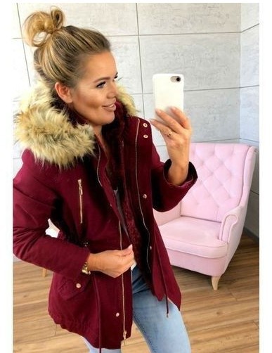 2018 Explosion New Wish Hooded Fur Collar Elastic Waistband Pocket Zip-up Jacket