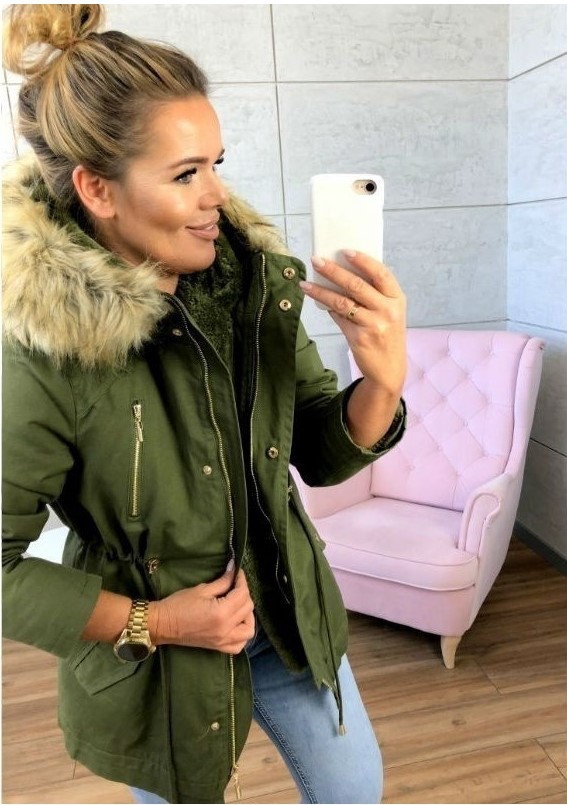 2018 Explosion New Wish Hooded Fur Collar Elastic Waistband Pocket Zip-up Jacket