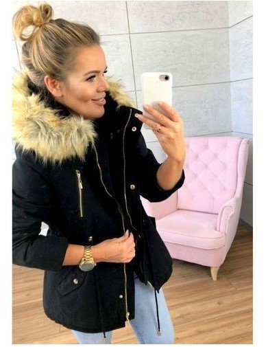 2018 Explosion New Wish Hooded Fur Collar Elastic Waistband Pocket Zip-up Jacket