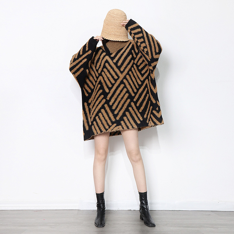 Korean Style Loose plus Size Knitwear Women&#039;s Clothing 2021 Autumn and Winter New Small Stand Collar Stitching Haima Fur Pullover Sweater Fashion