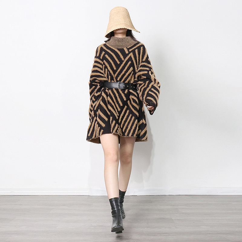 Korean Style Loose plus Size Knitwear Women's Clothing 2021 Autumn and Winter New Small Stand Collar Stitching Haima Fur Pullover Sweater Fashion
