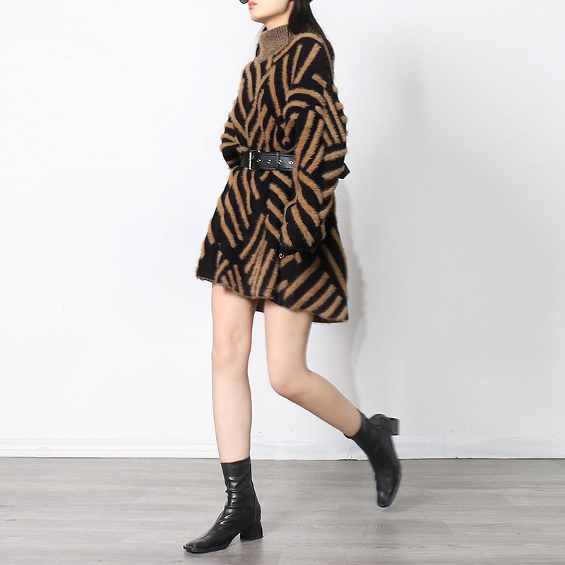 Korean Style Loose plus Size Knitwear Women's Clothing 2021 Autumn and Winter New Small Stand Collar Stitching Haima Fur Pullover Sweater Fashion