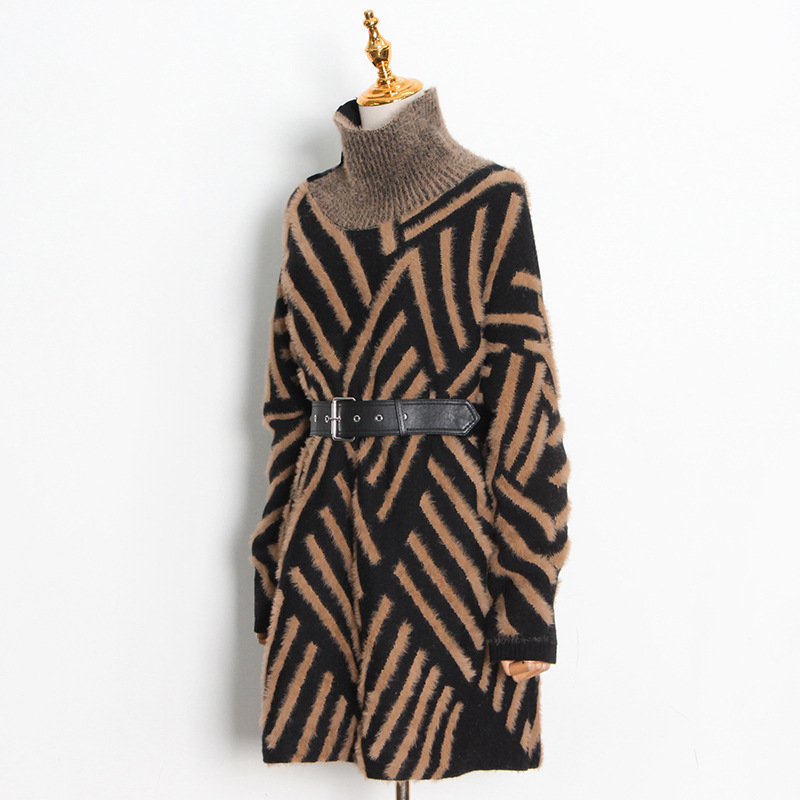 Korean Style Loose plus Size Knitwear Women's Clothing 2021 Autumn and Winter New Small Stand Collar Stitching Haima Fur Pullover Sweater Fashion