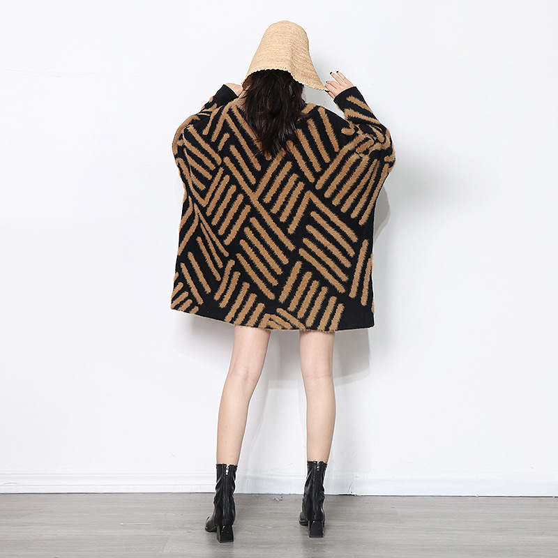 Korean Style Loose plus Size Knitwear Women's Clothing 2021 Autumn and Winter New Small Stand Collar Stitching Haima Fur Pullover Sweater Fashion