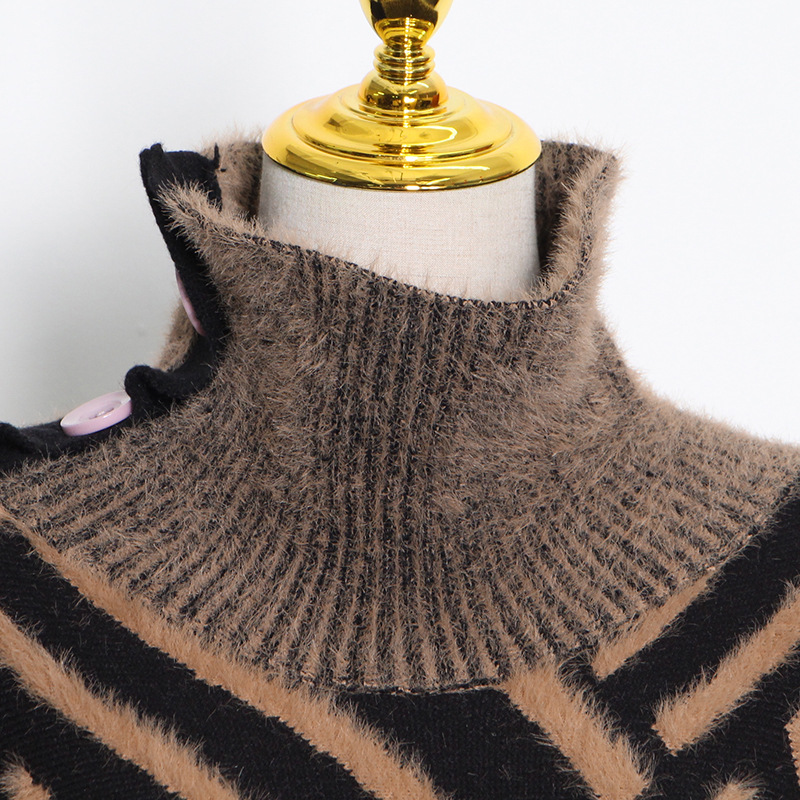 Korean Style Loose plus Size Knitwear Women's Clothing 2021 Autumn and Winter New Small Stand Collar Stitching Haima Fur Pullover Sweater Fashion