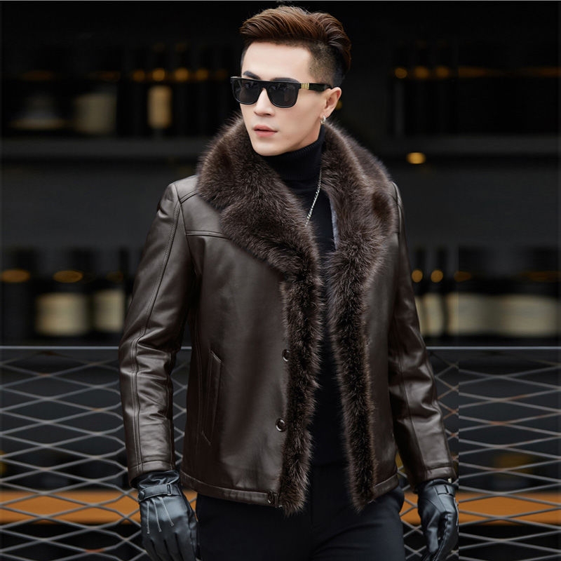 Winter Leather Coat Men&#039;s Genuine Leather Haining Middle-Aged and Young Men&#039;s Sheepskin Big Fur Collar Leather Coat Fleece-Lined Thickened
