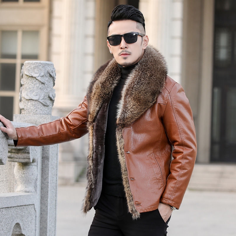 Winter Leather Coat Men&#039;s Genuine Leather Haining Middle-Aged and Young Men&#039;s Sheepskin Big Fur Collar Leather Coat Fleece-Lined Thickened