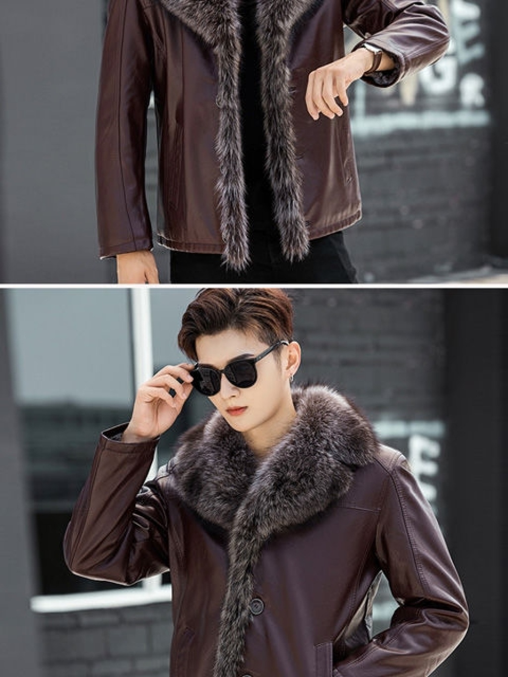 Winter Leather Coat Men's Genuine Leather Haining Middle-Aged and Young Men's Sheepskin Big Fur Collar Leather Coat Fleece-Lined Thickened