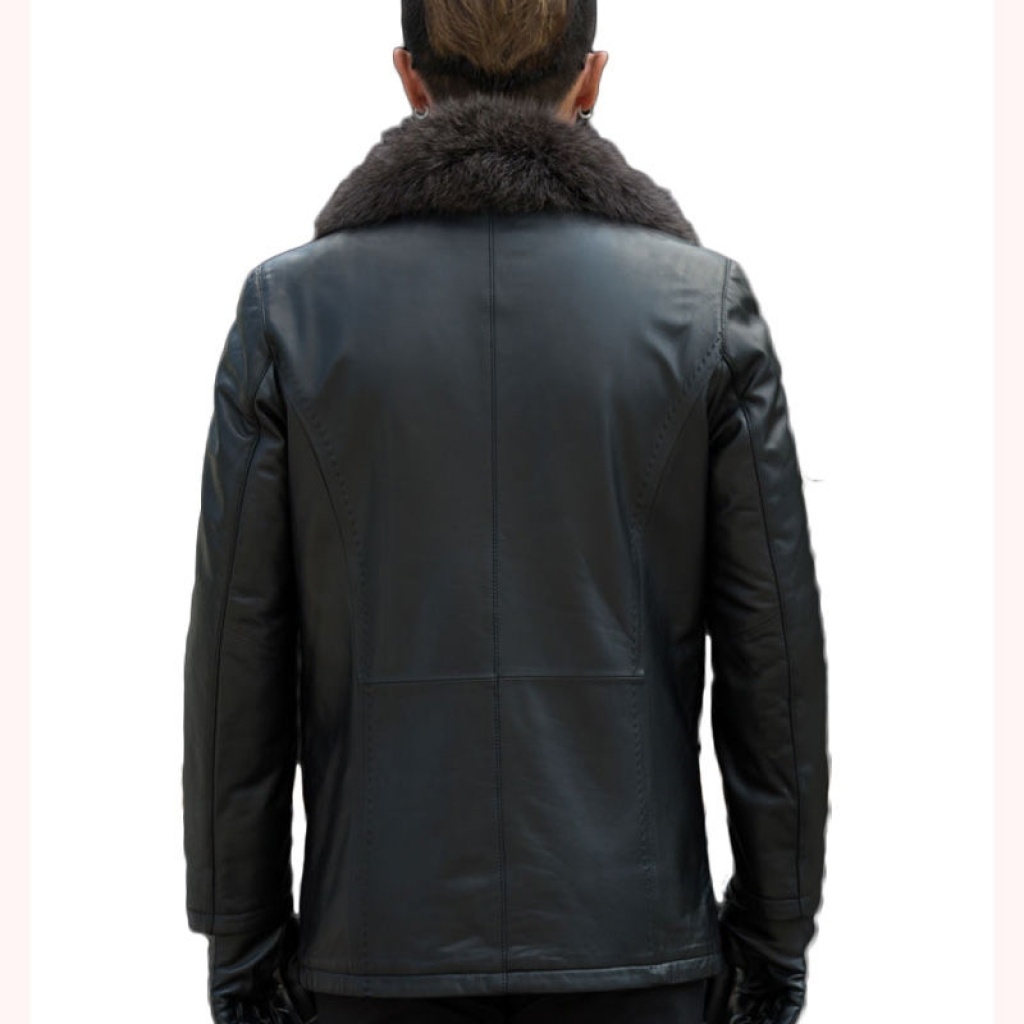 Winter Leather Coat Men's Genuine Leather Haining Middle-Aged and Young Men's Sheepskin Big Fur Collar Leather Coat Fleece-Lined Thickened