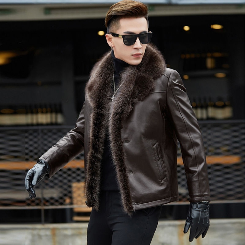 Winter Leather Coat Men's Genuine Leather Haining Middle-Aged and Young Men's Sheepskin Big Fur Collar Leather Coat Fleece-Lined Thickened