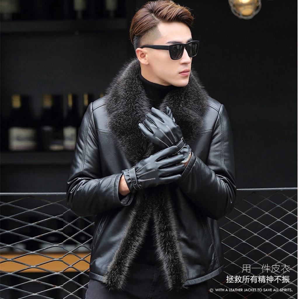Winter Leather Coat Men's Genuine Leather Haining Middle-Aged and Young Men's Sheepskin Big Fur Collar Leather Coat Fleece-Lined Thickened