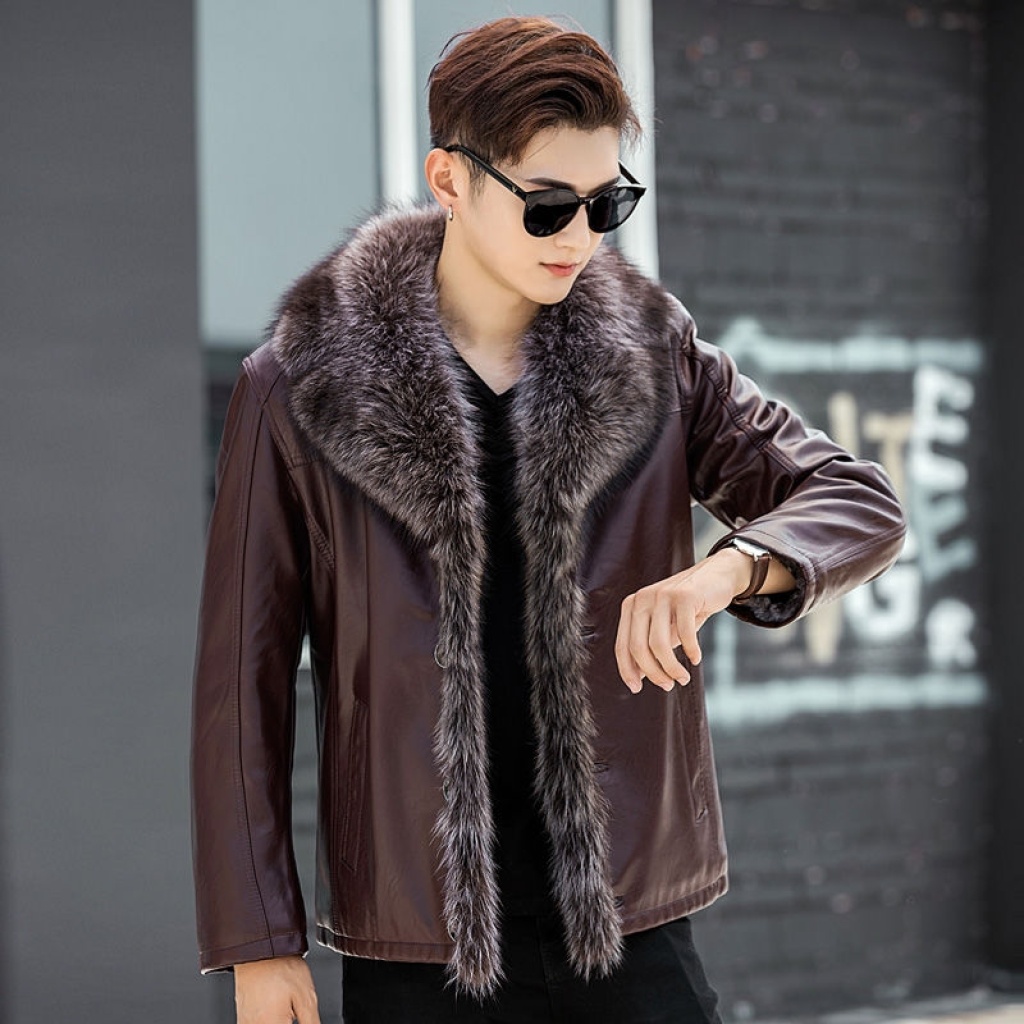 Winter Leather Coat Men's Genuine Leather Haining Middle-Aged and Young Men's Sheepskin Big Fur Collar Leather Coat Fleece-Lined Thickened