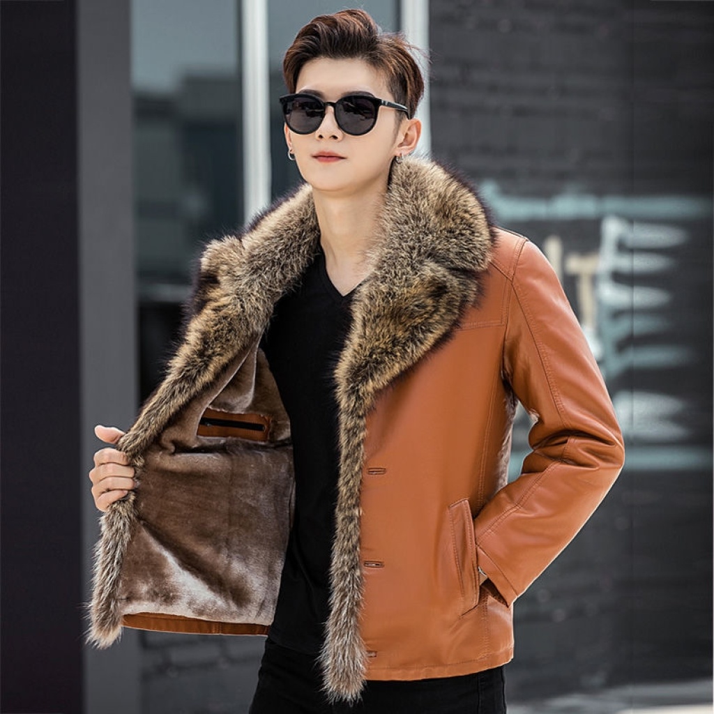 Winter Leather Coat Men's Genuine Leather Haining Middle-Aged and Young Men's Sheepskin Big Fur Collar Leather Coat Fleece-Lined Thickened
