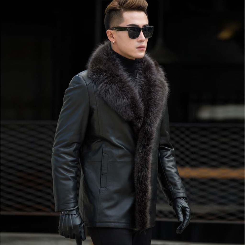 Winter Leather Coat Men's Genuine Leather Haining Middle-Aged and Young Men's Sheepskin Big Fur Collar Leather Coat Fleece-Lined Thickened