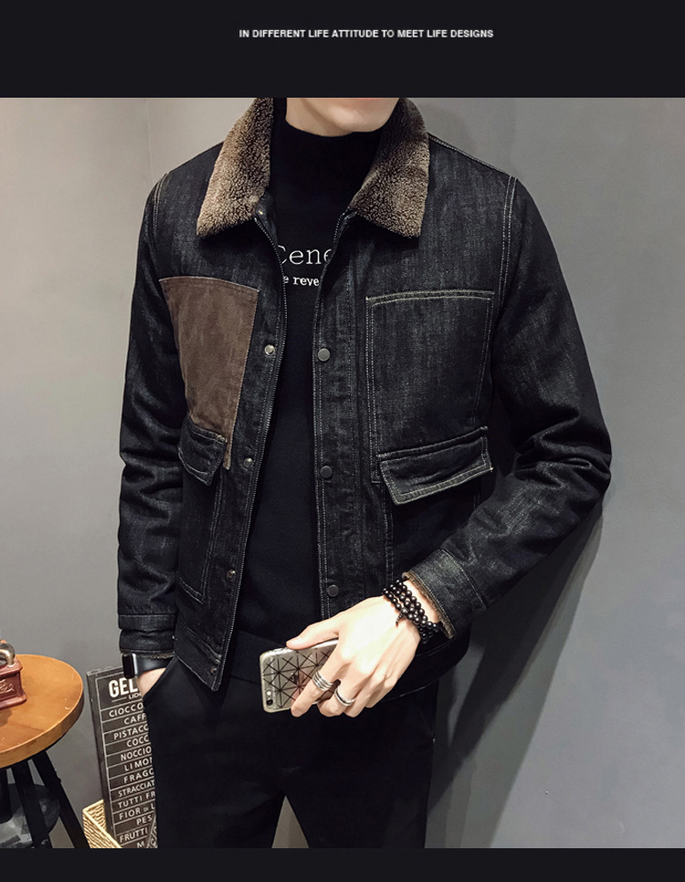 Men's Fleece-Lined Denim Cotton Coat Jacket Autumn and Winter Korean Style Trendy Lamb Fur Collar Warm Denim Wear Men's Thick Jacket Men's Fleece-Lined Denim Cotton Coat Jacket Autumn and Winter Korean Style Trendy Lamb Fur Collar Warm Denim Wear Men's Thick Jacket