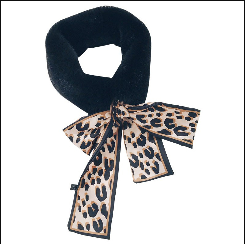 2018 Autumn and Winter New Versatile Korean Style Imitate Rex Rabbit Fur Leopard Print Fur Collar Ribbon Plush Ribbon Scarf Scarf Warm