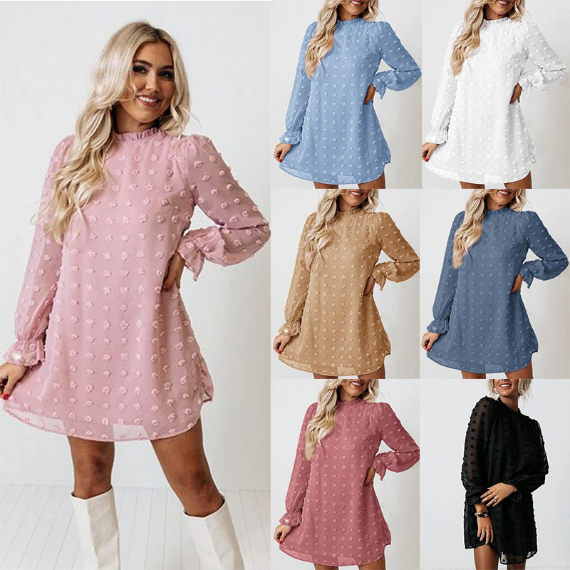 2022 Europe and America Cross Border Amazon Autumn and Winter Lace Collar Puff Sleeve Chiffon Embroidered Fur Ball Dress Dress for Women
