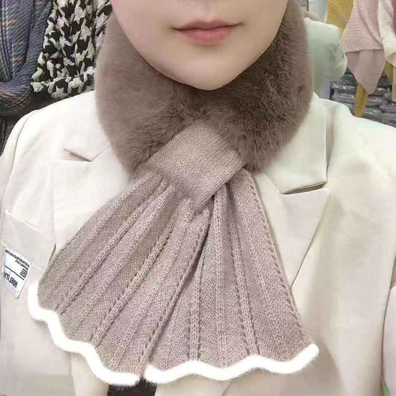 New Winter Japanese and Korean Sweet Scarf Velvet Knitted Lace Stitching Thickening Warm Neck Protection Fur Collar Small Scarf New Winter Japanese and Korean Sweet Scarf Velvet Knitted Lace Stitching Thickening Warm Neck Protection Fur Collar Small Scarf