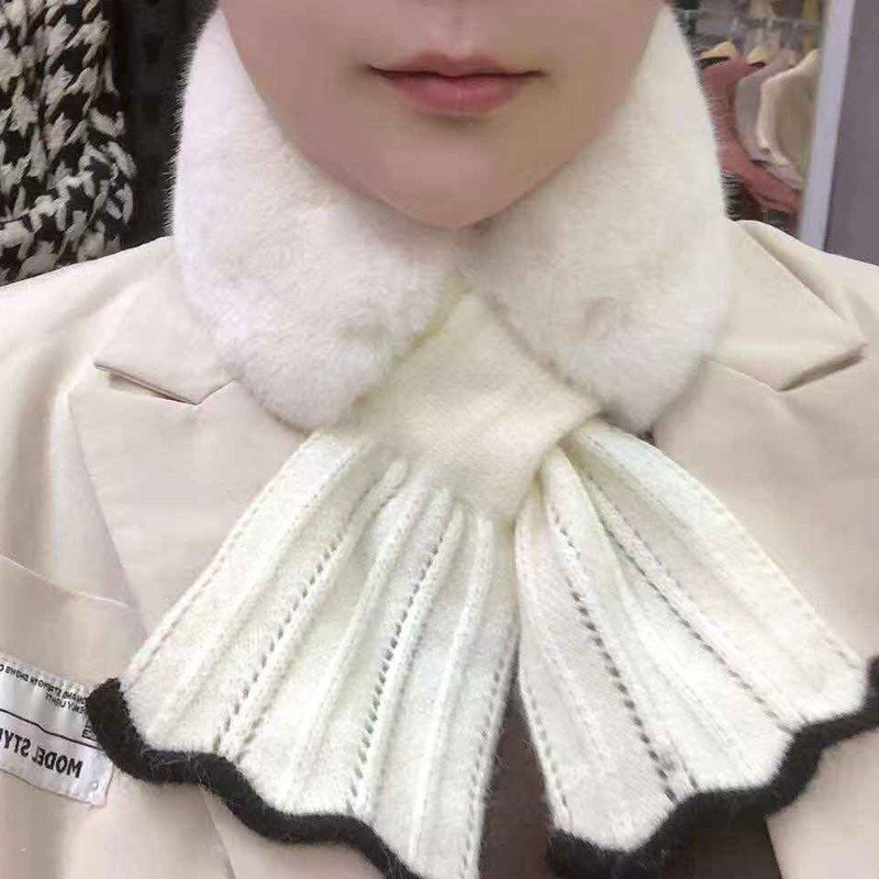 New Winter Japanese and Korean Sweet Scarf Velvet Knitted Lace Stitching Thickening Warm Neck Protection Fur Collar Small Scarf New Winter Japanese and Korean Sweet Scarf Velvet Knitted Lace Stitching Thickening Warm Neck Protection Fur Collar Small Scarf